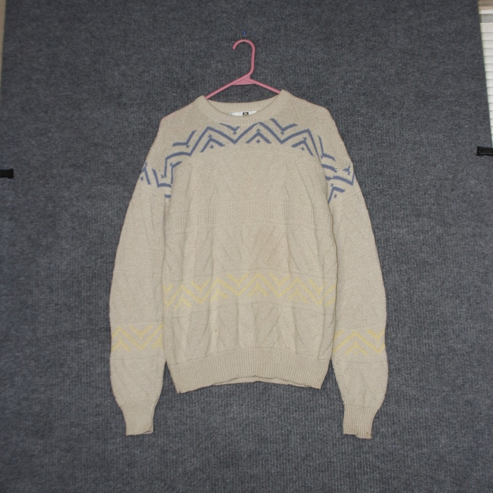 Vintage Gulf Traders Sweater Mens M Beige Knit Pullover Geometric Made in USA